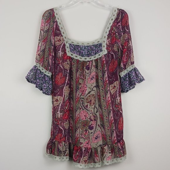 Daytrip Tops - DAYTRIP| Boho Floral Paisley Print Lace Detail Sheer Peasant Blouse